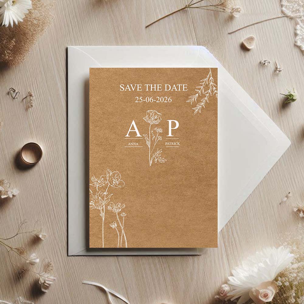 faire-part mariage champêtre en papier kraft avec fleurs blanches, modèle élégant et naturel