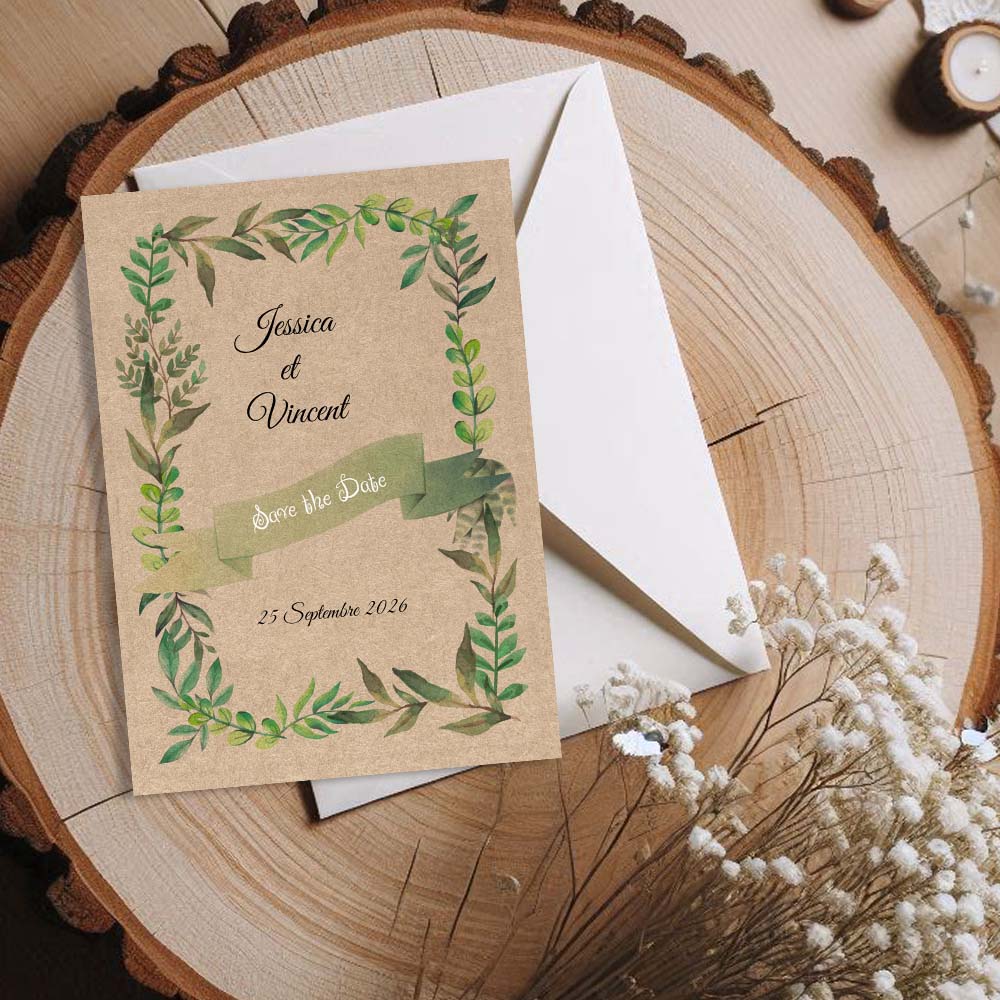 faire part de mariage nature en papier kraft avec feuillages verts aquarelle, design champêtre et bohème