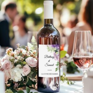 Etiquette bouteille de vin - Floral aquarelle violet (vendu par 4)