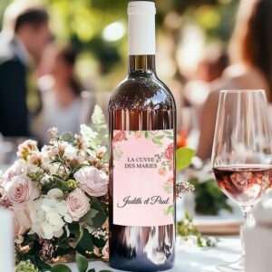 Etiquette bouteille de vin - Floral rose aquarelle ( vendu par 4 )
