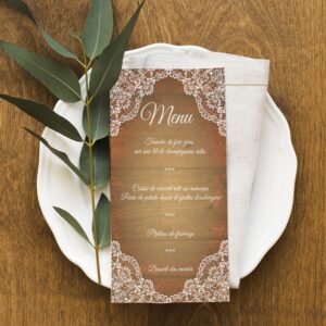 Carte menu - Dentelle et fond bois