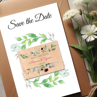 Save the date en bois - Fleurs champêtres