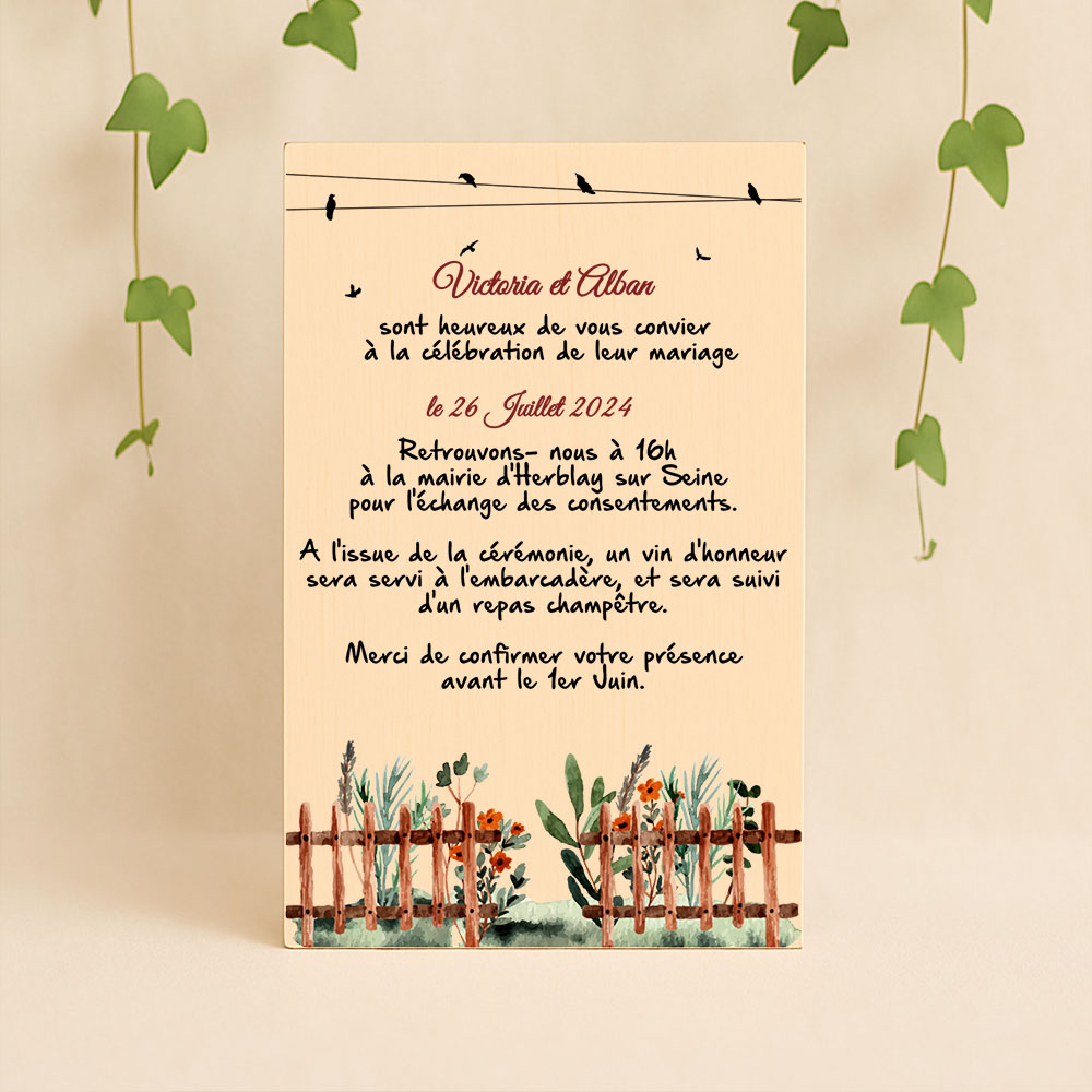 Faire-part en bois - Aquarelle buccolique