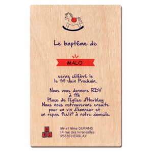 Faire-part de baptême en bois - Jeux d'enfants vintage