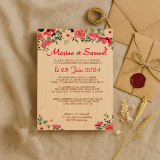 Faire-part en bois - Ambiance floral rose