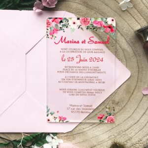 Faire-part transparent plexiglass – Ambiance floral rose