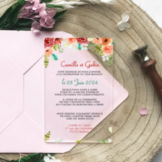 Faire-part transparent plexiglass – Belle ambiance floral