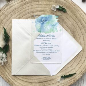 Faire-part transparent plexiglass - Aquarelle bleue