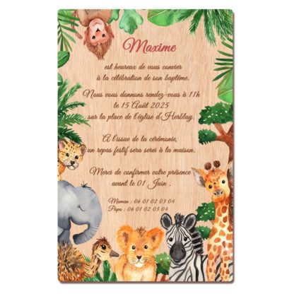 Faire-part en bois - Animaux de la jungle