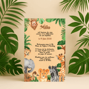 Faire-part de baptême en bois - Animaux de la jungle