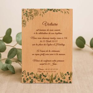 Faire-part de baptême en bois - baptême de la nature