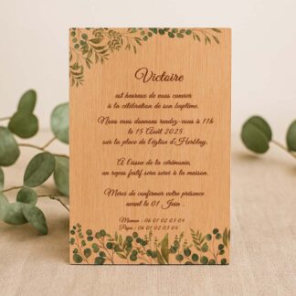 Faire-part en bois - baptême de la nature