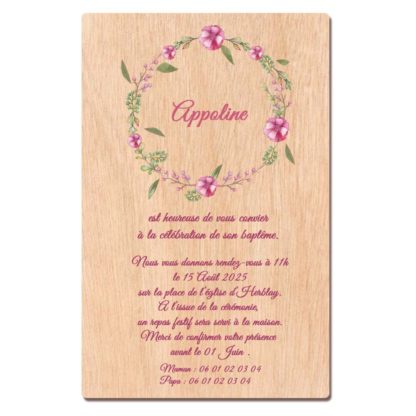 Faire-part en bois - Couronne floral rose