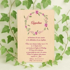 Faire-part baptême en bois - Couronne floral rose
