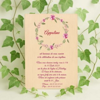 Faire-part en bois - Couronne floral rose
