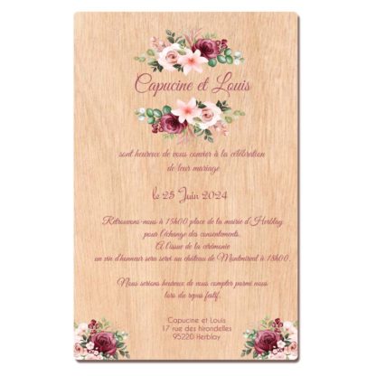 Faire-part en bois - jolies fleurs champêtres