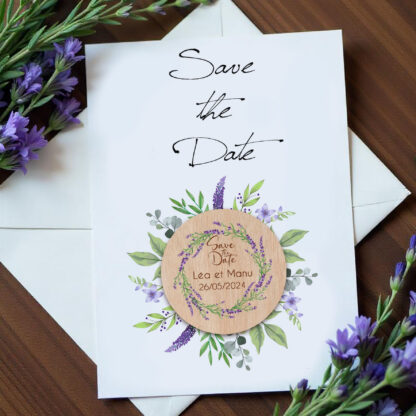 Save the date en bois - Couronne de lavande - modèle 12