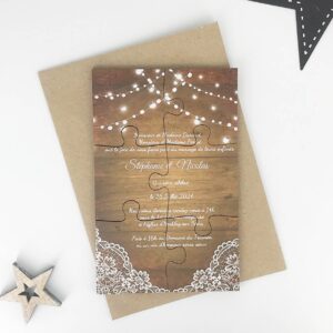Faire-part puzzle mariage - Dentelle et fond bois