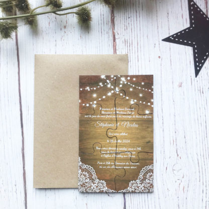 Faire-part puzzle mariage - Dentelle et fond bois – Image 3