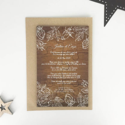 Faire-part puzzle mariage - Rosier blanc sur fond bois – Image 3