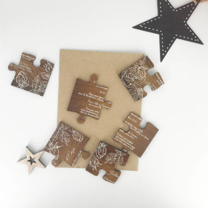 Faire-part puzzle mariage - Rosier blanc sur fond bois – Image 2