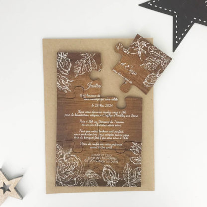 Faire-part puzzle mariage - Rosier blanc sur fond bois