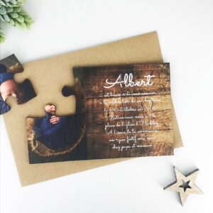 Faire-part de baptême puzzle - Fond bois avec photo