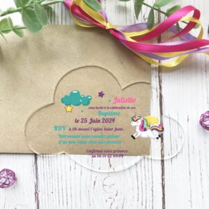 Faire-part de baptême plexiglass - Forme nuage avec licorne