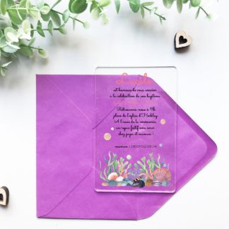 Faire-part transparent en plexiglass pour invitation baptême - Fond marin