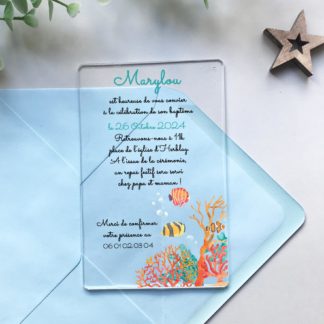 Faire-part transparent en plexiglass pour invitation baptême - Coraux et poissons exotiques