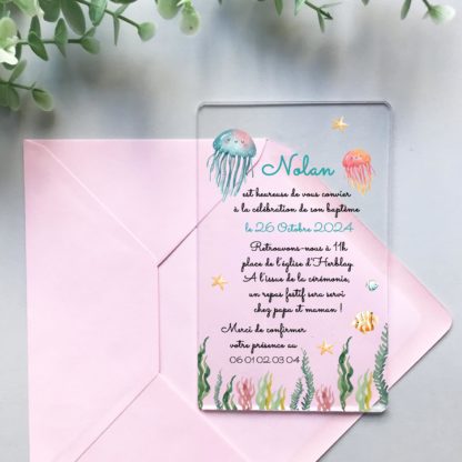 Faire-part transparent en plexiglass pour invitation baptême - Algues et poulpes - Invitation pour toute célébration