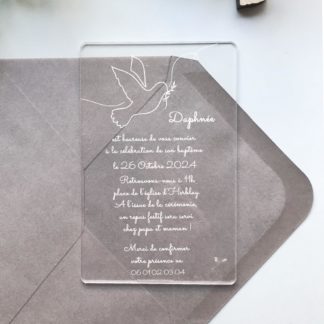 Faire-part transparent en plexiglass pour invitation baptême - Colombe - invitation pour toute célébration
