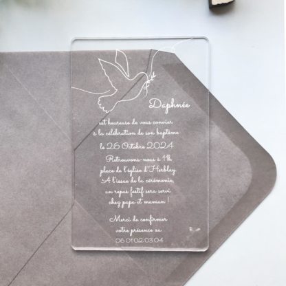 Faire-part transparent en plexiglass pour invitation baptême - Colombe - invitation pour toute célébration