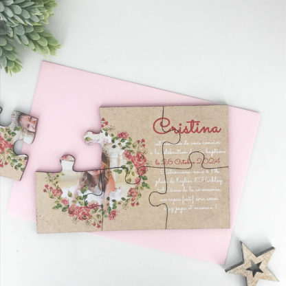 Faire part puzzle baptême - Couronne florale