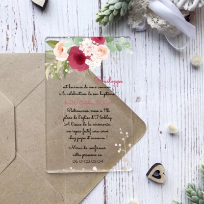 Faire-part transparent en plexiglass pour baptême – Eclat floral – invitation pour toute célébration