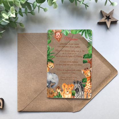 Faire-part transparent en plexiglass pour baptême – Animaux de la jungle – invitation pour toute célébration
