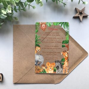Faire-part de baptême plexiglass – Animaux de la jungle