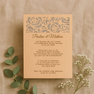 Faire-part en bois ajouré - motif rose