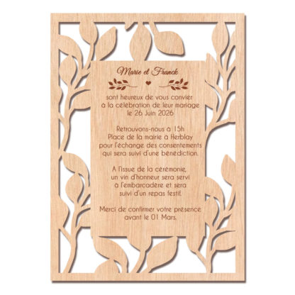 Faire-part en bois ajouré avec décor feuille