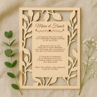 Faire-part en bois ajouré avec décor feuille