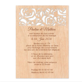 Faire-part en bois ajouré - motif rose