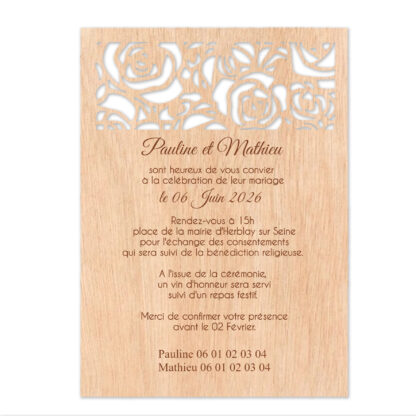 Faire-part en bois ajouré - motif rose