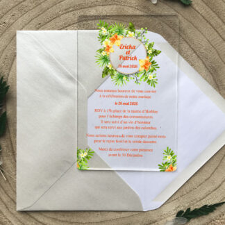 Faire-part transparent plexiglass – Fleurs exotiques
