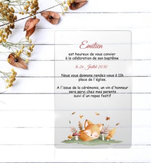 Faire-part de baptême plexiglass – Mignon petit renard