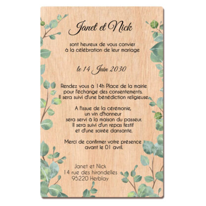 Faire-part en bois - Branche d'eucalyptus
