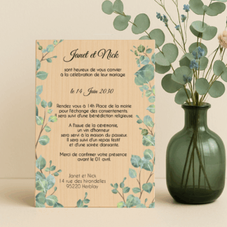 Faire-part en bois - Branche d'eucalyptus