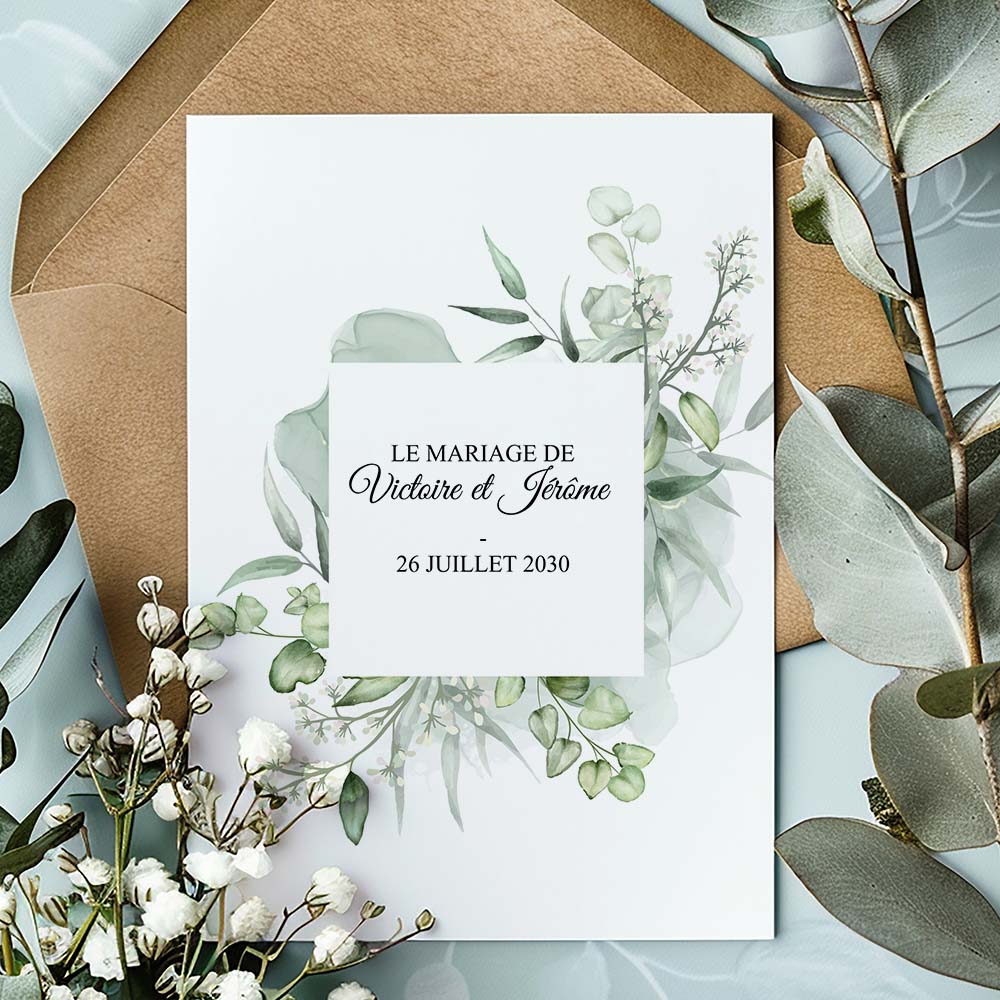 faire-part de mariage avec des eucalyptus