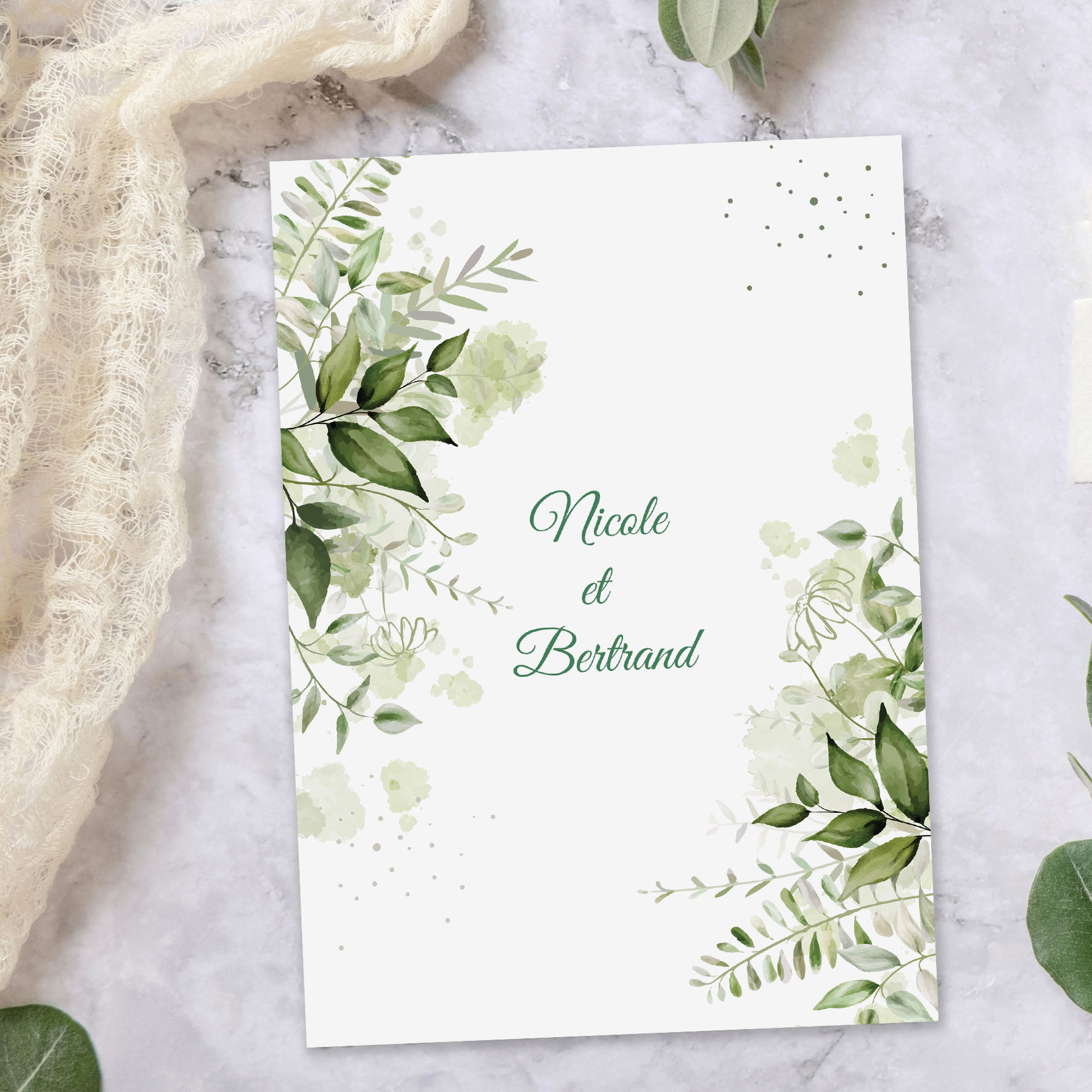 faire-part-de mariage avec branches vertes