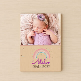 Faire-part naissance en bois - Arc en ciel